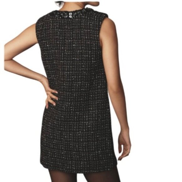 Maeve Anthropologie Sequin Embellished V-Neck Tweed Mini Dress Black Size XS - Picture 2 of 8